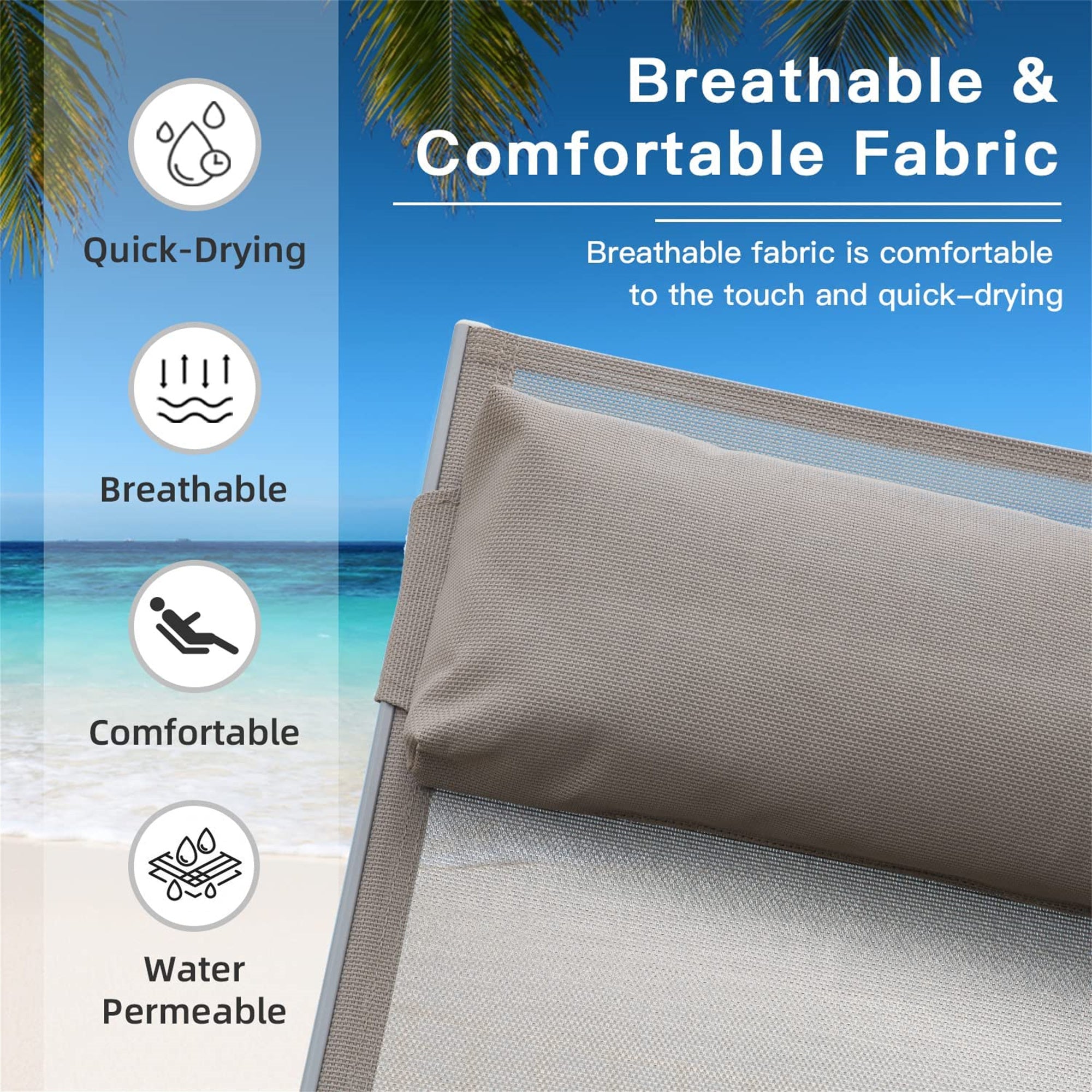 Outdoor Chaise Lounge Set of 2 Patio Recliner Chairs with Adjustable Backrest and Removable Pillow for Indoor&Outdoor Beach Pool Sunbathing Lawn (Khaki,2 Lounge Chairs) Doba